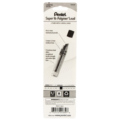 Super Hi-Polymer Lead Refill (0.7mm), H 12 pcs/Tube 3-Pk (L50BP3H)