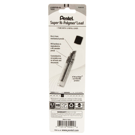 Super Hi-Polymer Lead Refill (0.7mm), HB 12 pcs/Tube 1-Pk (L50BPHB-K6)