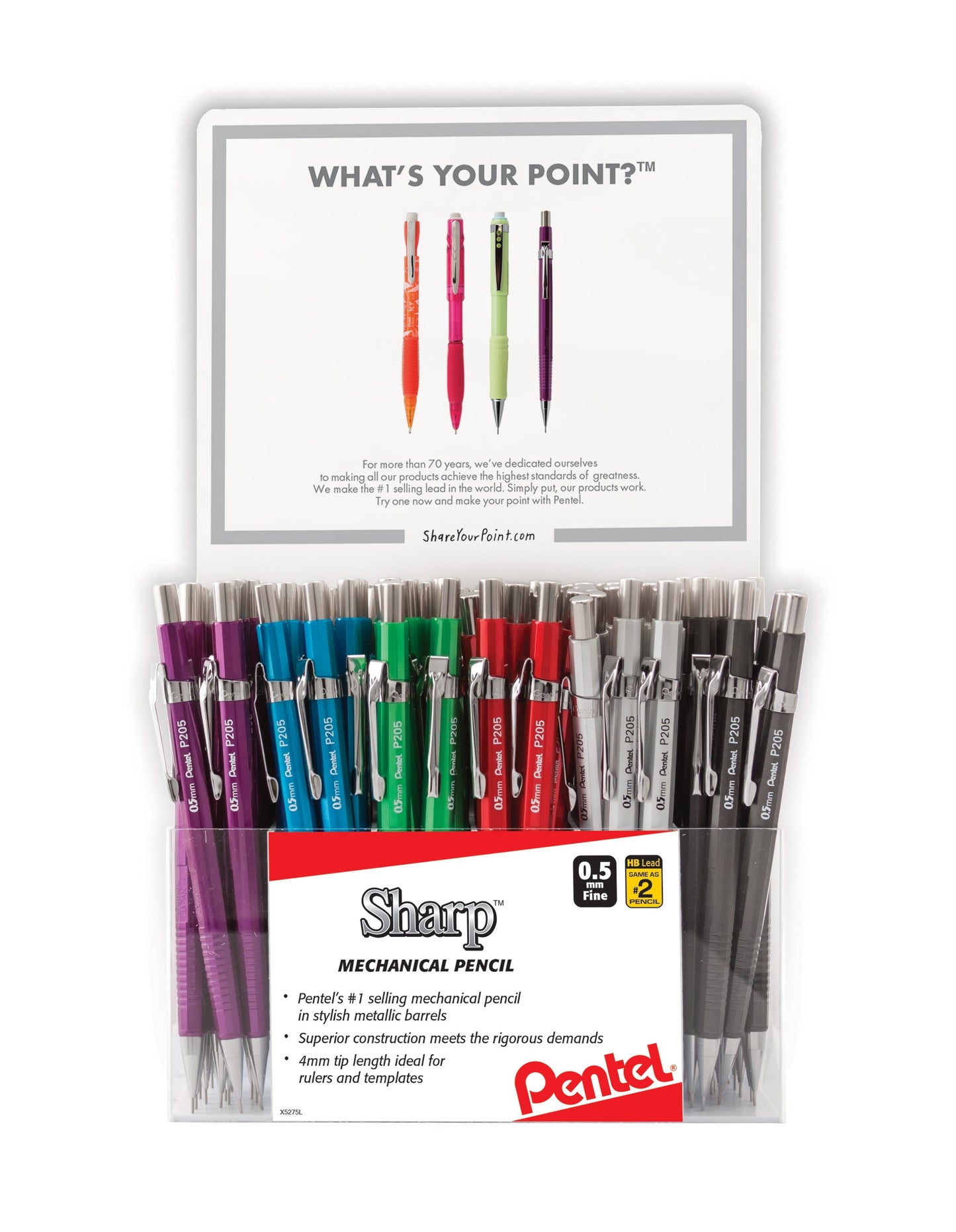 Sharp Mechanical Pencil, (0.5mm) Metallic Barrels, Assorted Barrel Colors (B/C/D/N/V/Z), Display - 108 Pieces (P205M-9)