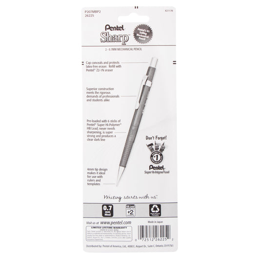 Sharp Mechanical Pencil (0.7mm) Metallic Barrels, Assorted Barrel Colors, 2-Pk (P207MBP2)