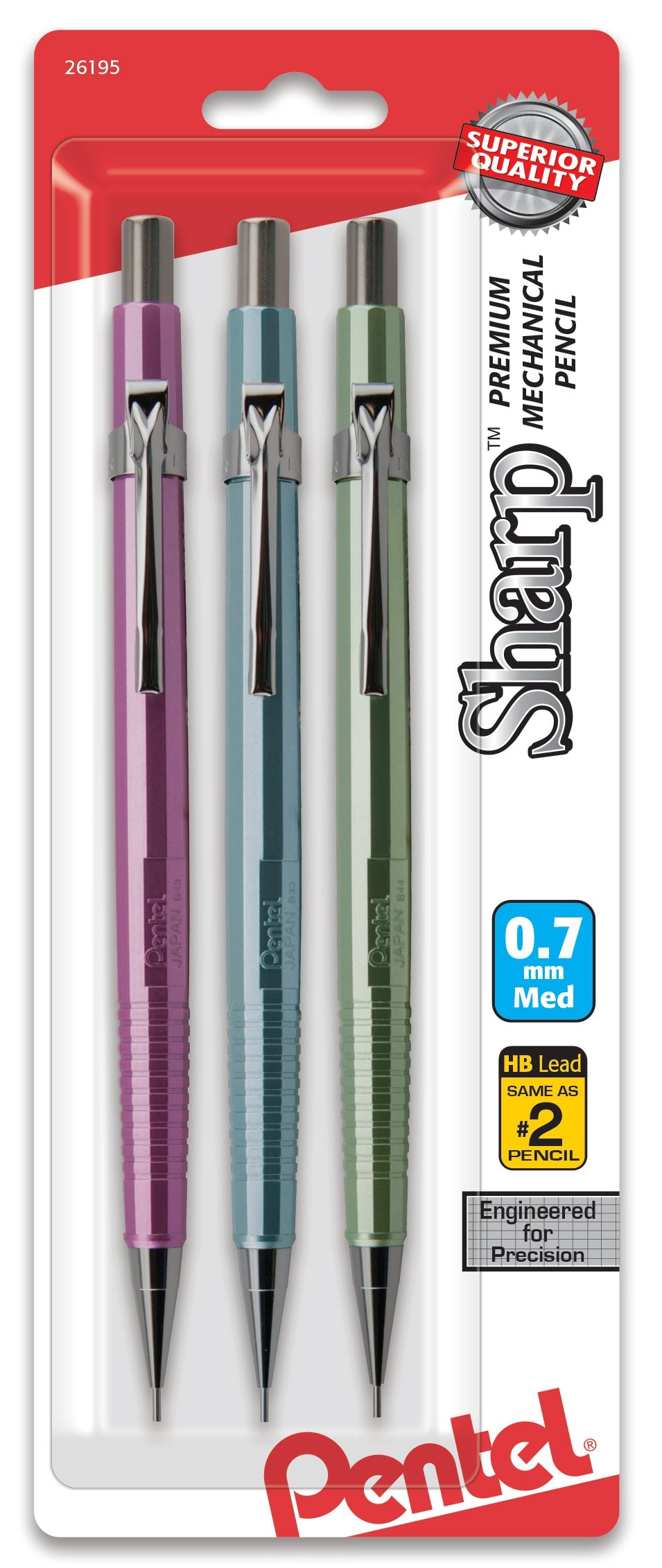 Sharp Mechanical Pencil (0.7mm) Metallic Barrels, Assorted Colors (MP1/MS/MK1), 3-Pk (P207MBP3M1)