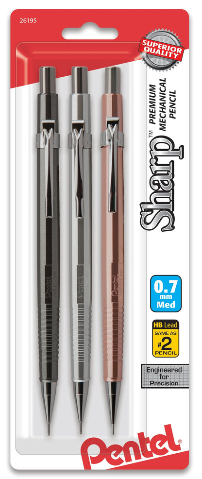 Sharp Mechanical Pencil (0.7mm) Metallic Barrels, Assorted Colors (Z/MS/MK1), 3-Pk (P207MBP3M)