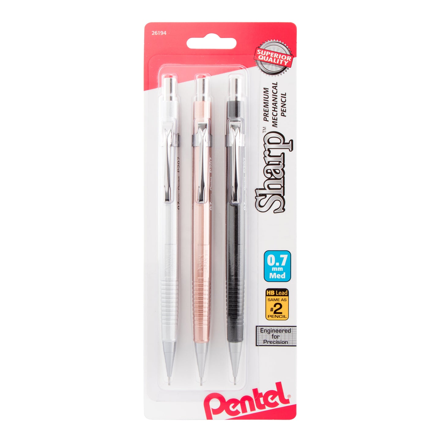 Sharp Mechanical Pencil (0.7mm) Metallic Barrels, Assorted Colors (Z/MS/MK1), 3-Pk (P207MBP3M)