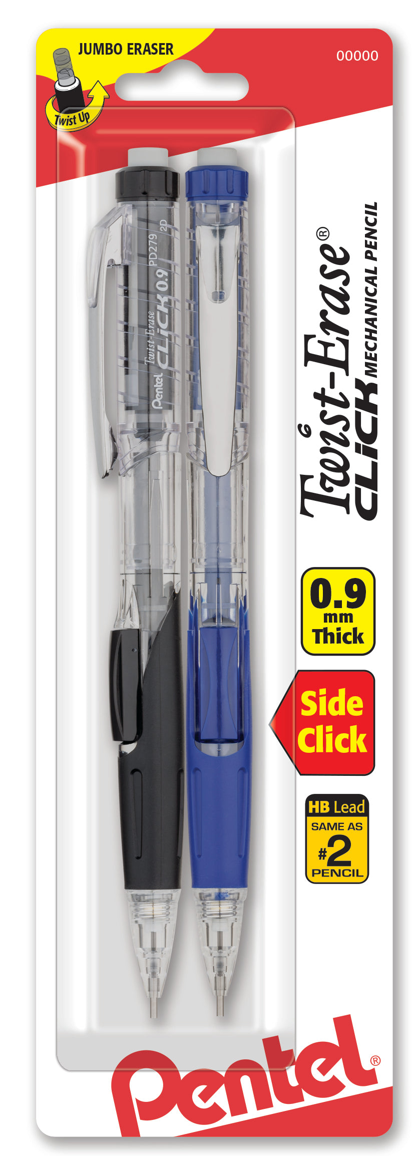 Twist-Erase Click Mechanical Pencil, (0.9mm) Clear Assorted Grip Colors, 2-Pk (PD279TBP2M)