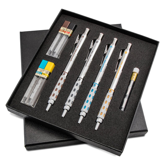 Pentel Arts GraphGear 1000 Premium Automatic Drafting Pencil Set (0.3mm, 0.5mm, 0.7mm, 0.9mm), 4 Asst. Leads, Refill Erasers, Assorted Gift Box Set (PG1000BXSET)