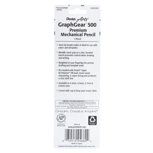 Pentel Arts GraphGear 500 Premium Drafting Pencil (0.5mm), Black Barrel, 1-Pk (PG525APABP)