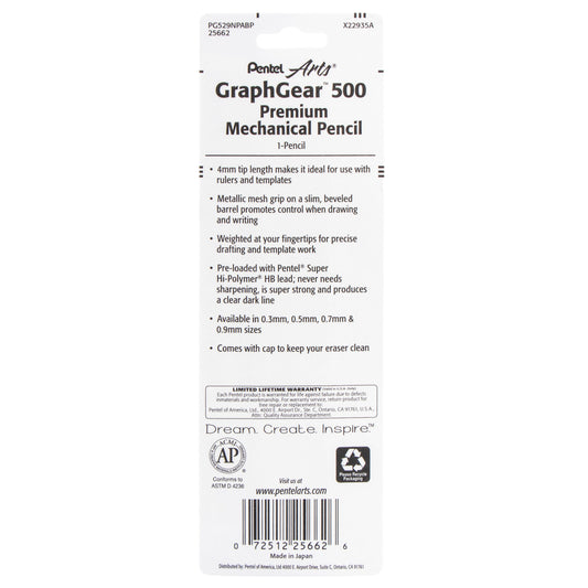Pentel Arts GraphGear 500 Premium Drafting Pencil (0.9mm), Gray Barrel, 1-Pk (PG529NPABP)