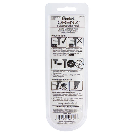 Pentel Arts ORENZ 1-Click Mechanical Pencil (0.2mm) White Barrel, 1-Pk, Japan Style Graphics (PP502WPABP)