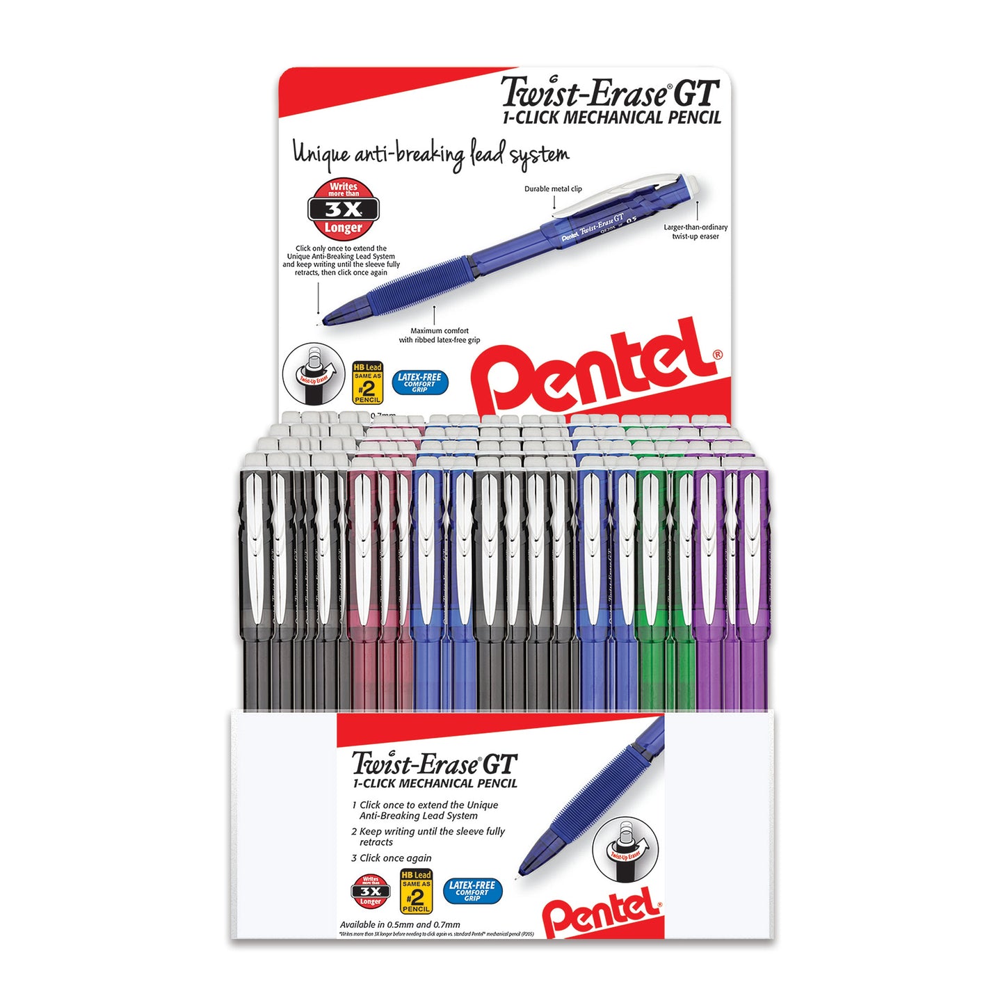 Twist-Erase GT 1-Click Mechanical Pencil, (0.5/0.7mm) Assorted Barrel Colors, 
Open Stock Display - 108 Pieces (QE2057-9)