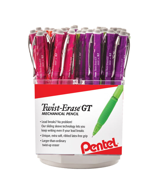 Twist-Erase GT 1-CLICK Mechanical Pencil, (0.7mm) Assorted Barrel Colors (F/K/P/V), Open Stock Spinner Display - 48 Pieces (QE207F-4)