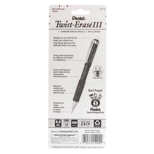 Twist-Erase III Mechanical Pencil, (0.9mm) with (2) Eraser Refills 2-Pk (QE519BP2-K6)