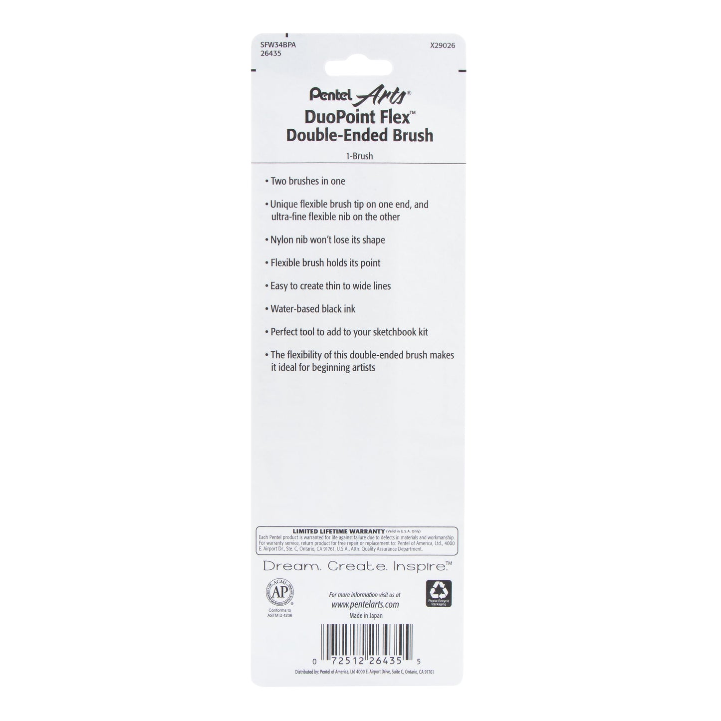 Pentel Arts DuoPoint FlexÃƒÆ’Ã‚Â¢ÃƒÂ¢Ã¢â€šÂ¬Ã…Â¾Ãƒâ€šÃ‚Â¢ Double Ended Brush, Black Ink, 1-Pk Carded (SFW34BPA)