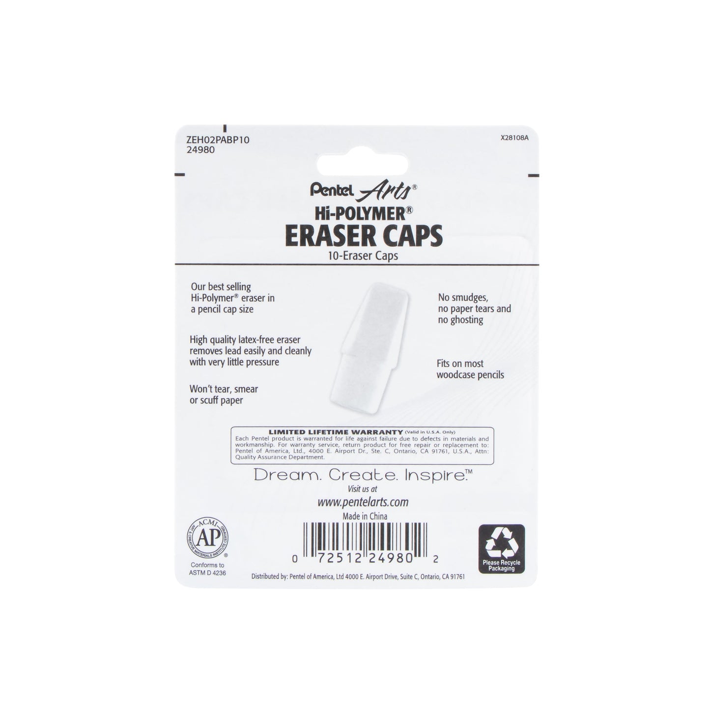 Pentel Arts Hi-Polymer White Cap Erasers10-Pk (ZEH02PABP10)