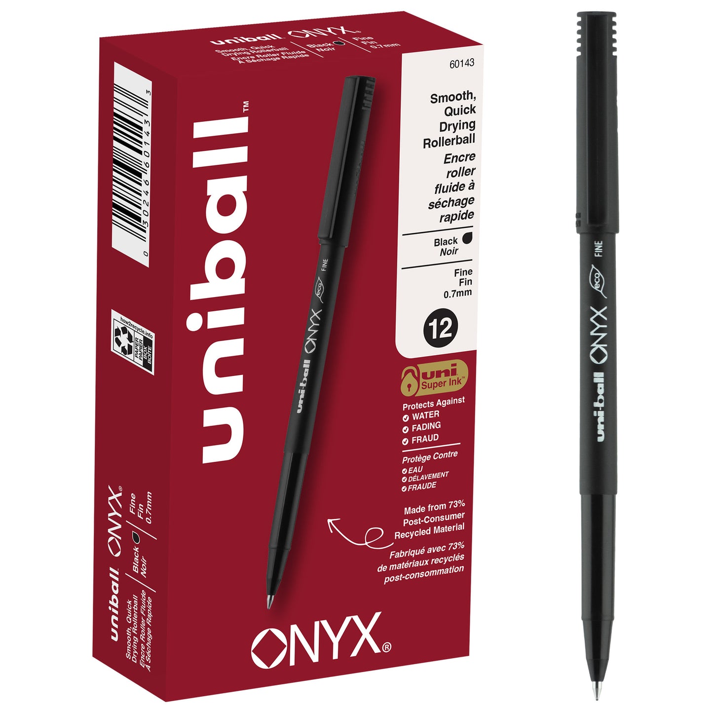 uniball™ Onyx Rollerball Pens, Fine Point (0.7mm), Black, 12 Pack
